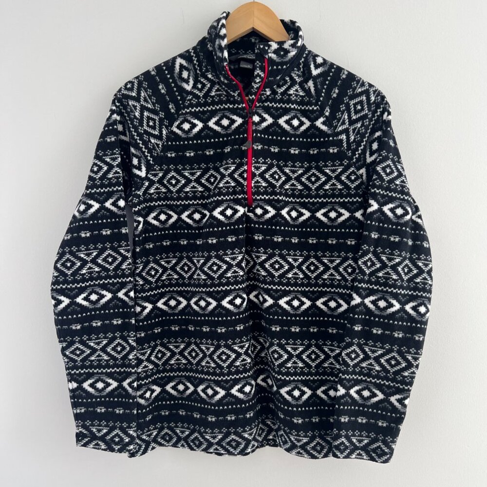 Eddie Bauer Womens M Fleece Quarter‎ Zip Black White Aztec Cozy Outdoor Pullover